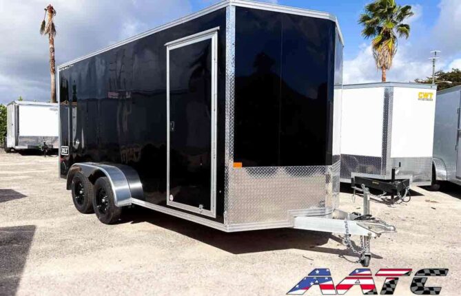 C7X16STA2-BLK-R-610-XLT ALCOM Aluminum 7x16 Tandem Axle Ramp Door Cargo Trailer XLT Pro Series
